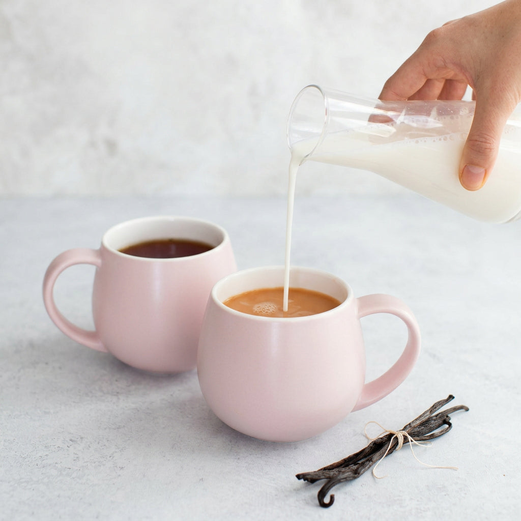 Pink mug being filled with a liquid, likely coffee or tea, with vanilla beans on a light background.
