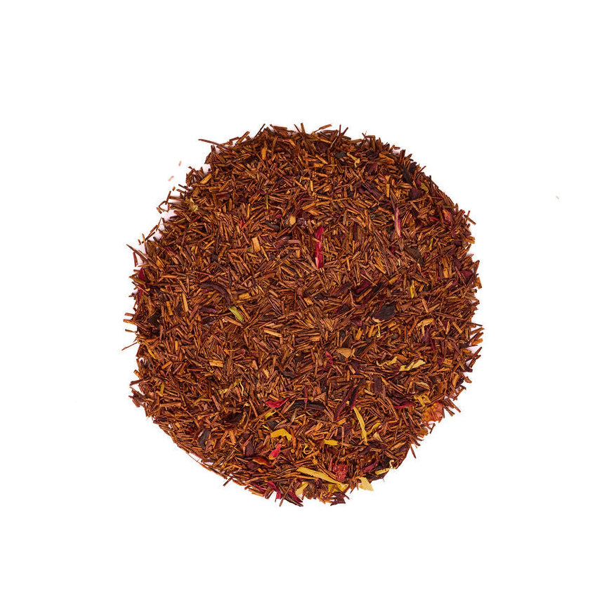 A small circular pile of loose-leaf tea, likely rooibos or a similar earthy herbal tea, centered on a plain white background with a faint watermark across the middle.