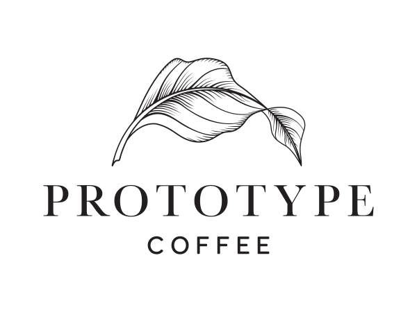 Prototype Coffee logo with a stylized leaf on a white background