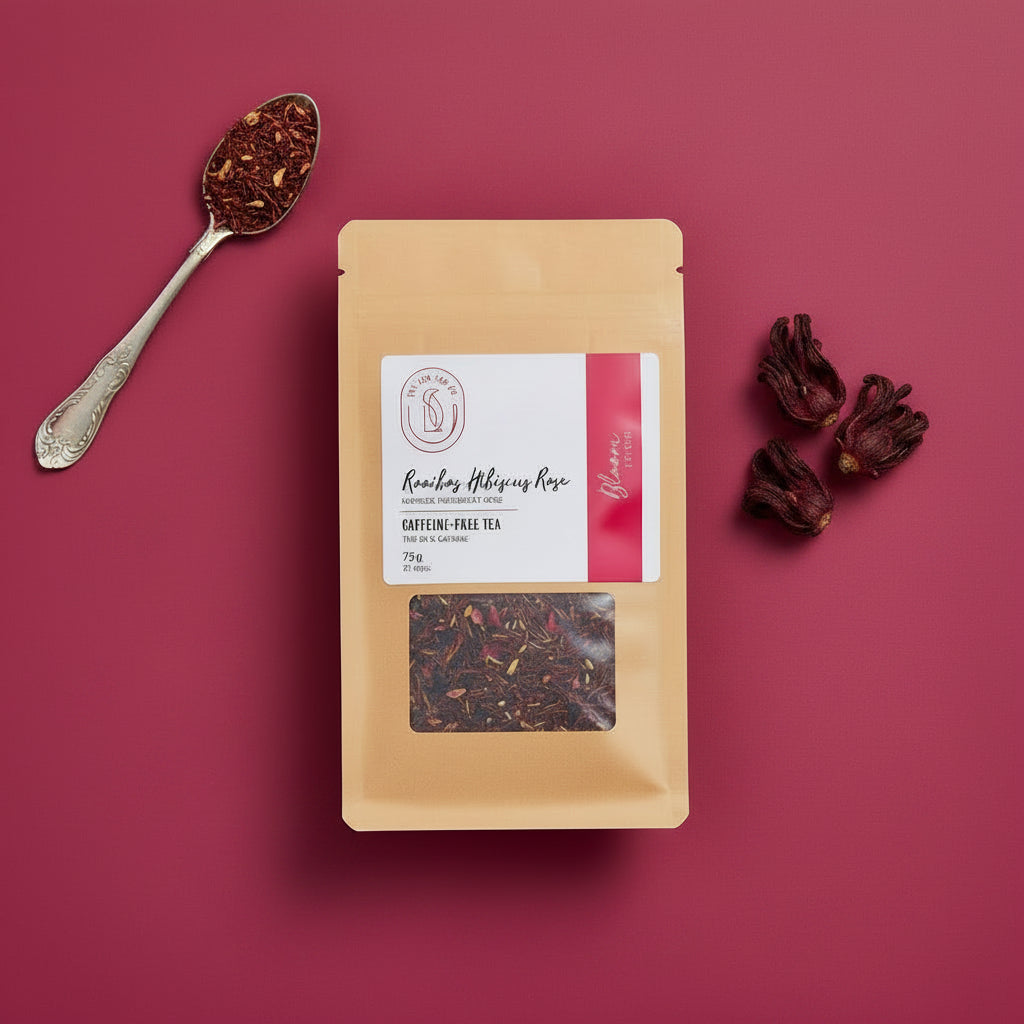A stand-up kraft paper pouch of Rooibos Hibiscus & Rosehips Caffeine Free Tea, featuring a white and red label with a clear window showing the loose tea leaves inside, set against a plain white background.