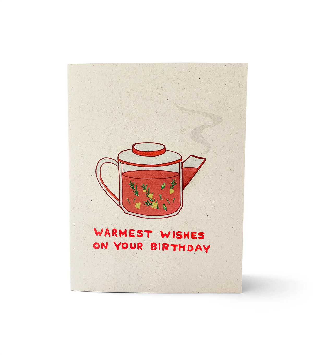 Birthday card with illustration of steaming teapot filled with herbal tea and text Warmest Wishes on Your Birthday